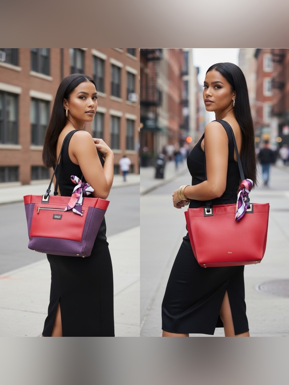Furla Tribe REVERSIBLE Tote Bag Red Purple Suede Leather Made In Italy